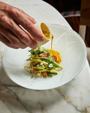 Primizie primaverili, condimento e jus vegetale al fiore di sambuco